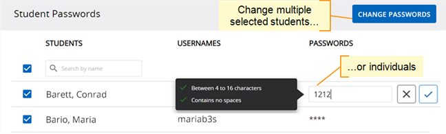 Change Passwords button and individual password change