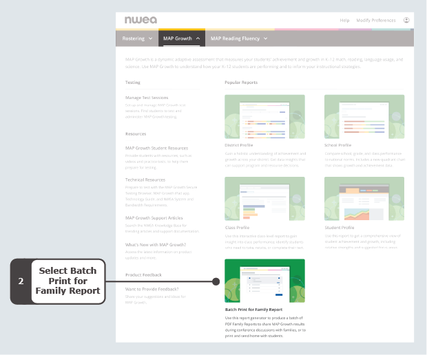 In the Popular Reports section, find the Batch Print for Family Report link and select it.
