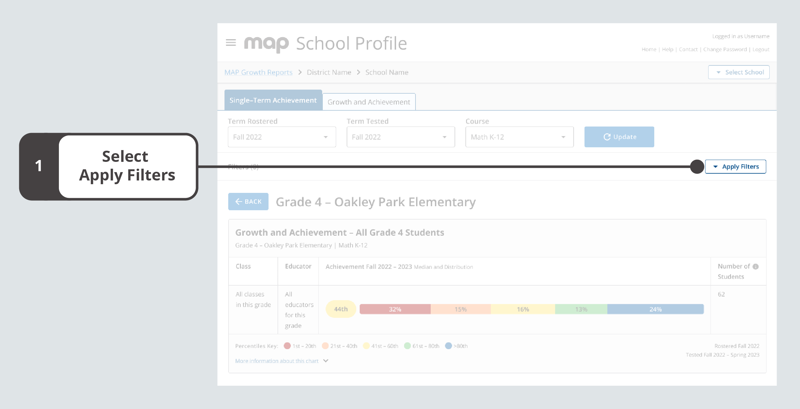 Apply Filters is located after Update on the Growth and Achievement tab.