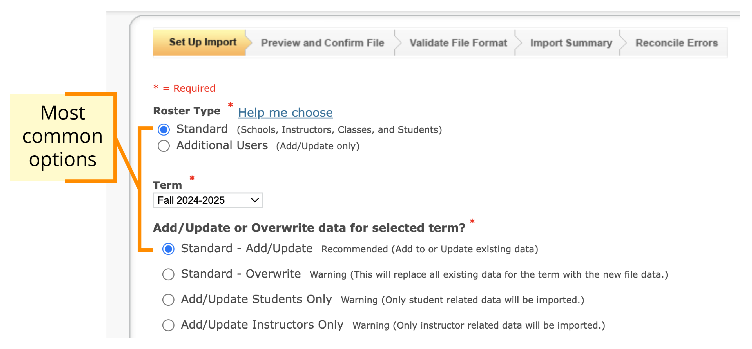 Set Up Import options set to Standard and Add/Update