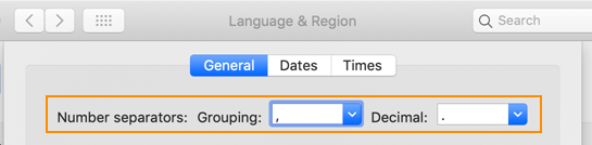 Settings for Number separators, with Grouping set to comma and Decimal set to period